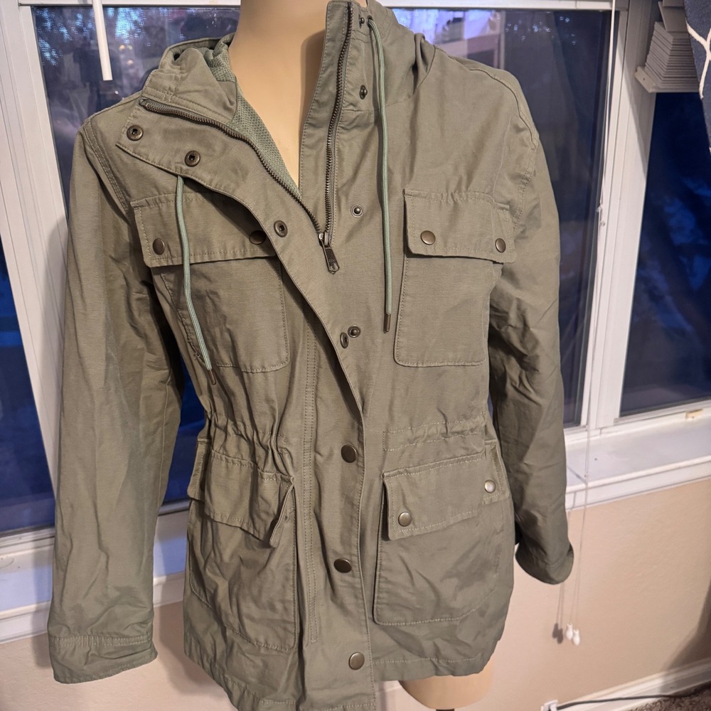Old Navy Womens Olive Green Utility Field Jacket Hooded Drawstring Waist Medium